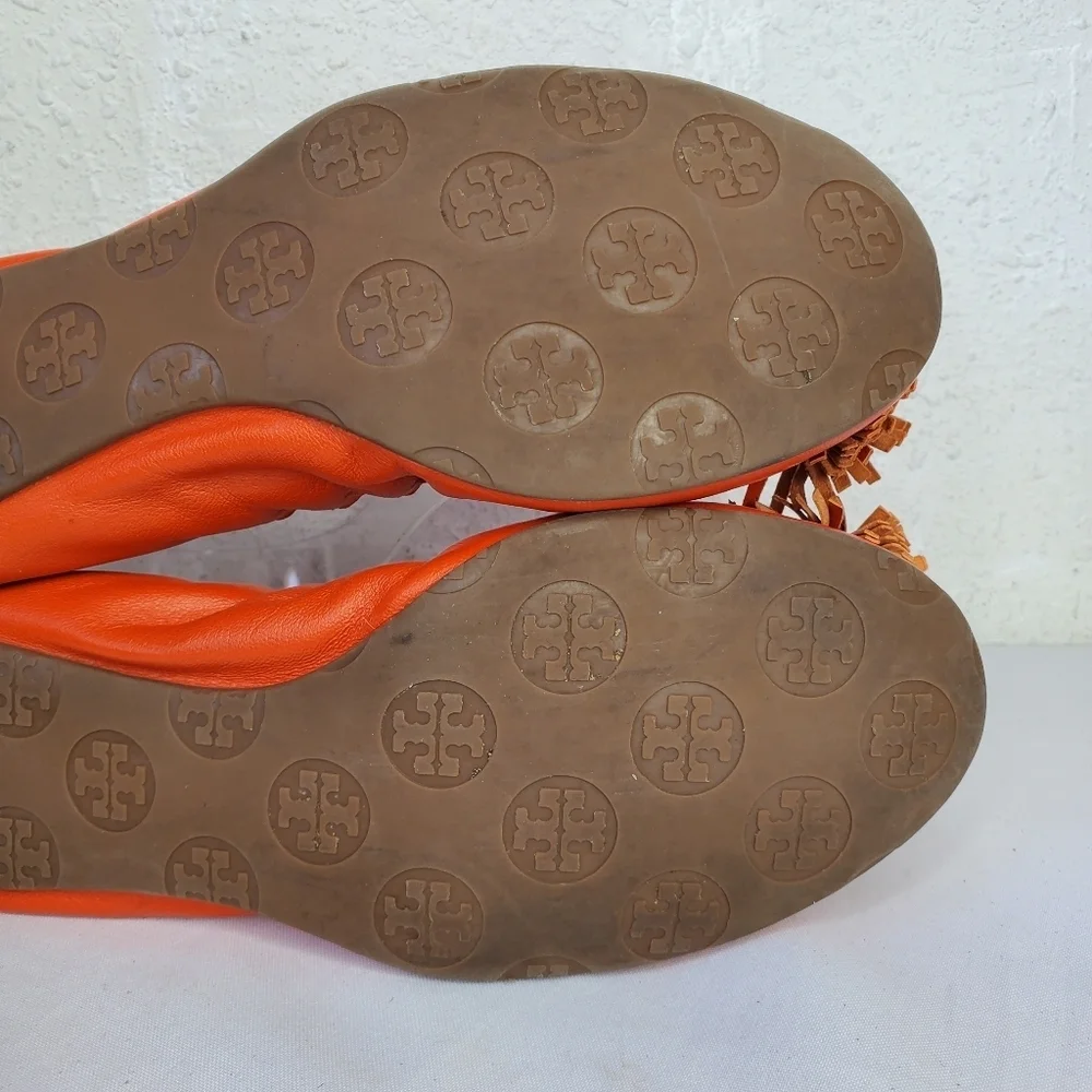 Tory Burch Reese Soft Orange Leather Stretch Bow Tassel Ballet Flats